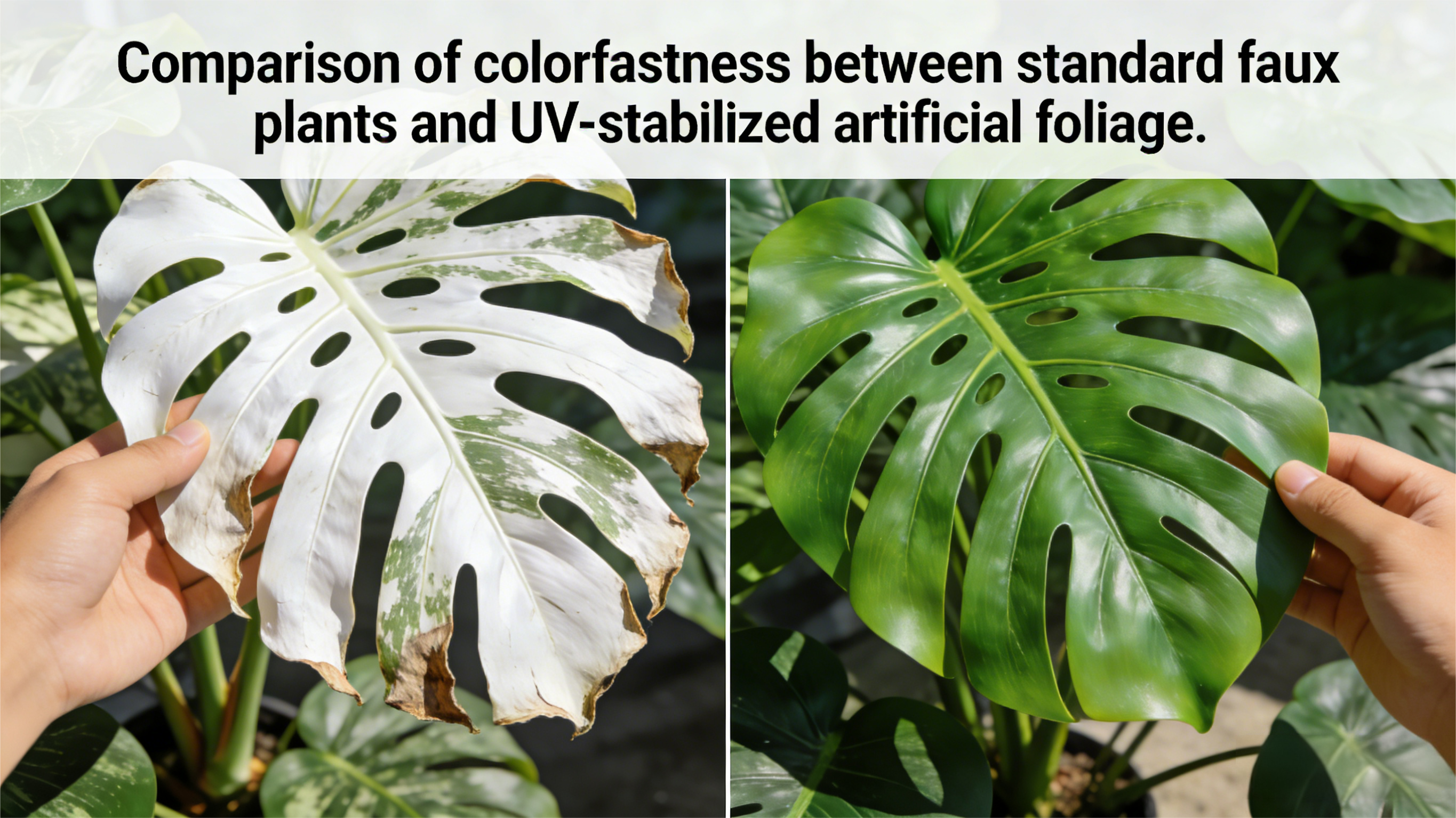 High-resolution comparison of colorfastness: Standard artificial Monstera leaf vs. UV-stabilized HDPE foliage