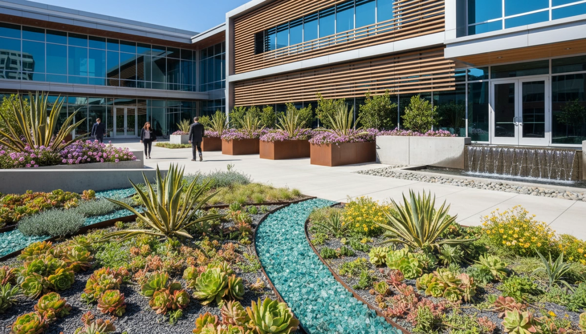 Commercial landscaping with hybrid plant design trends