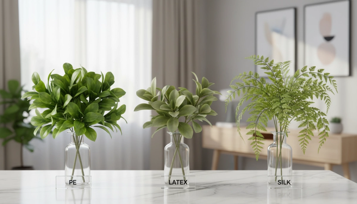 PE vs Latex vs Silk Artificial Plants Material Guide Artificial Plant Materials Comparison PE Latex Silk